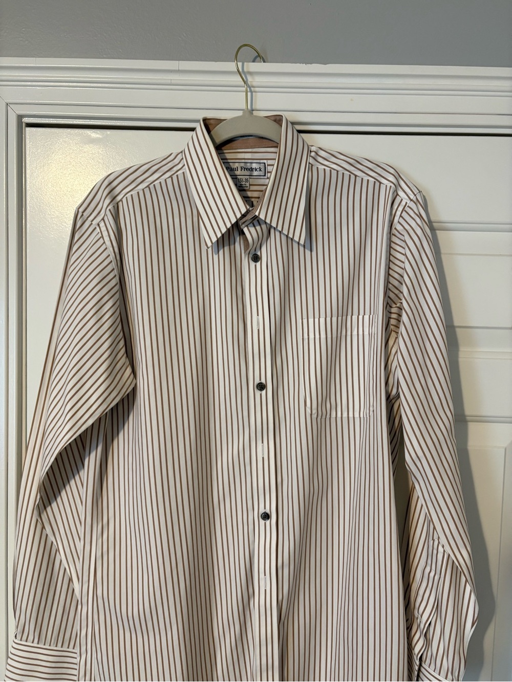 Paul Fredrick 15.5 X 35 Slim fit White long sleeve Dress Shirt with Tan Stripes